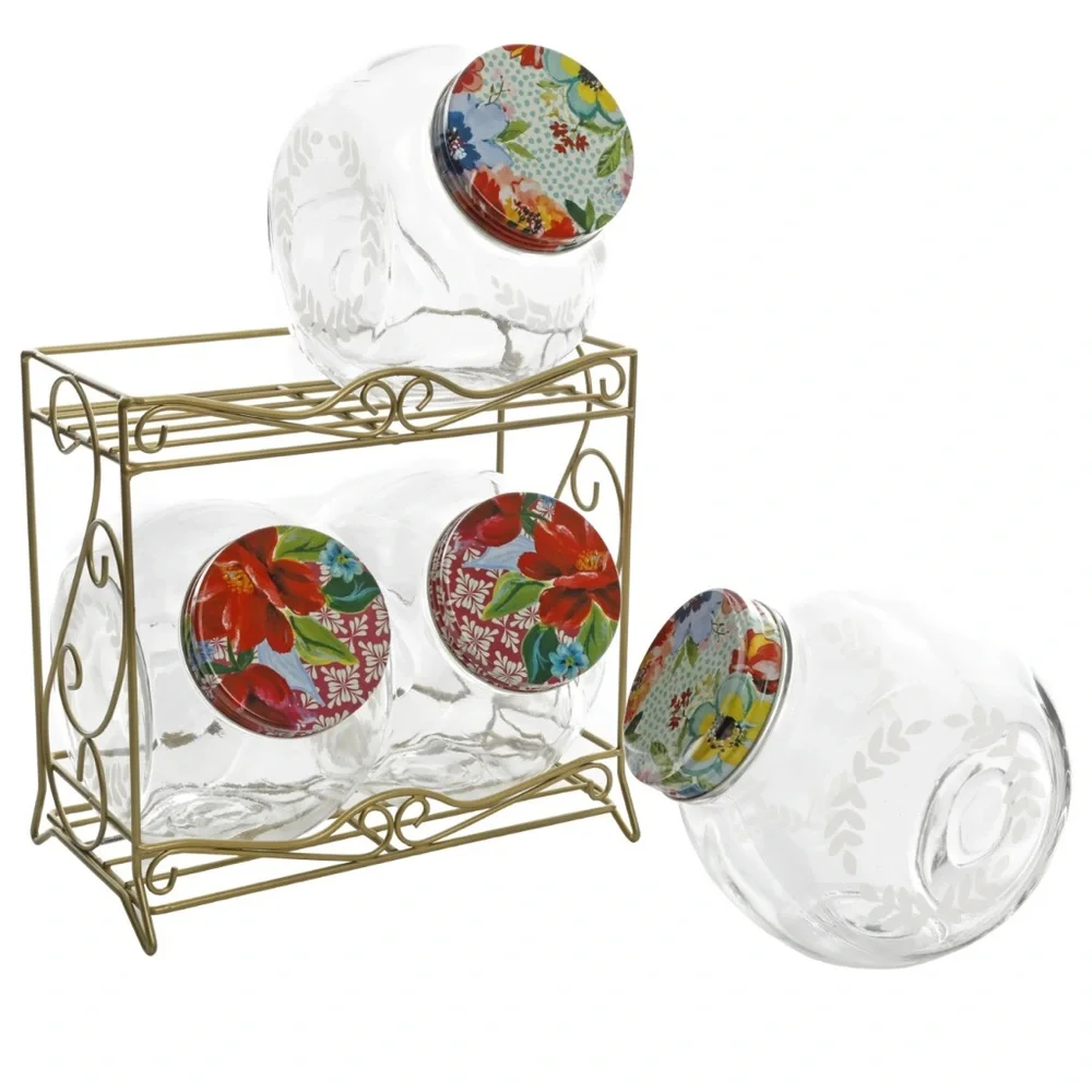 RARE! The Pioneer Woman Floral Medley Glass‎ Storage Jars with Metal Rack